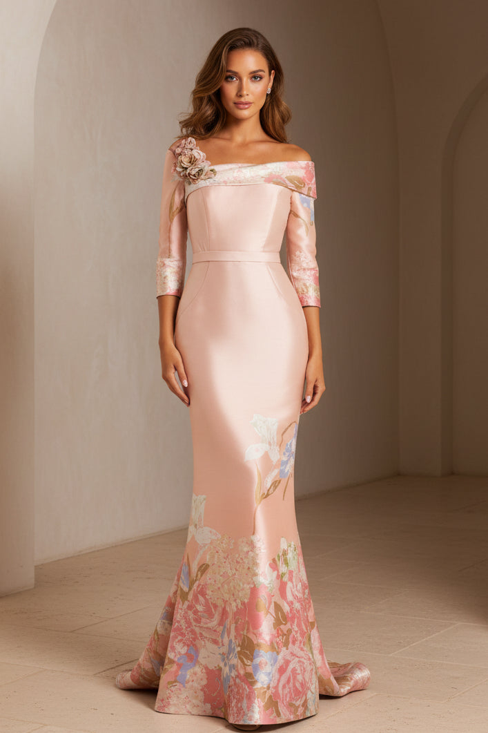 Asymmetrische schulterfreie Meerjungfrauenrobe mit Blumenmuster