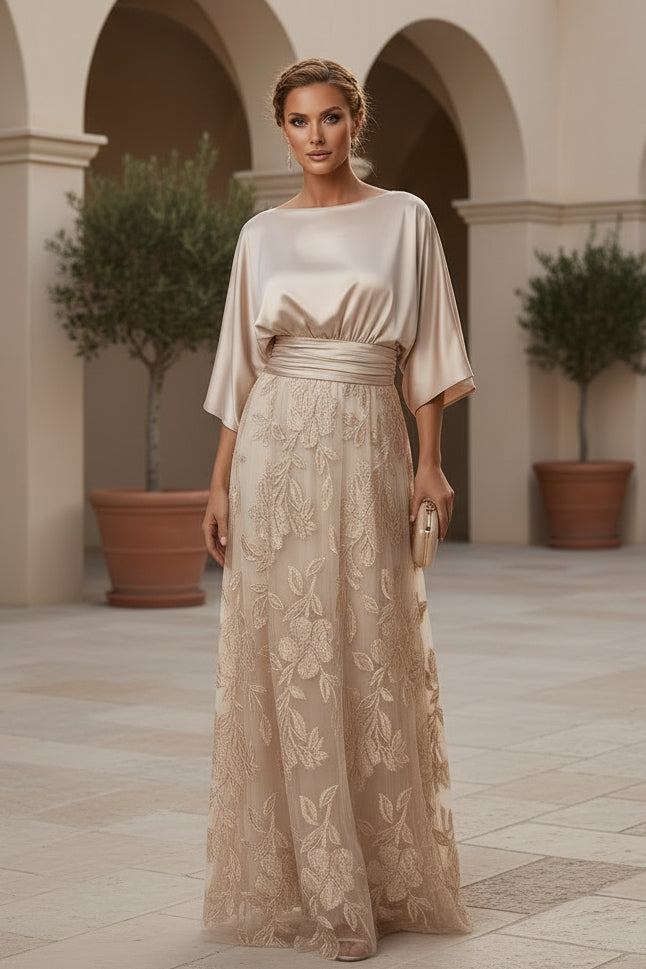 Satin- & Spitzen-A-Linien-Kleid mit Blumenrock & Gürtel