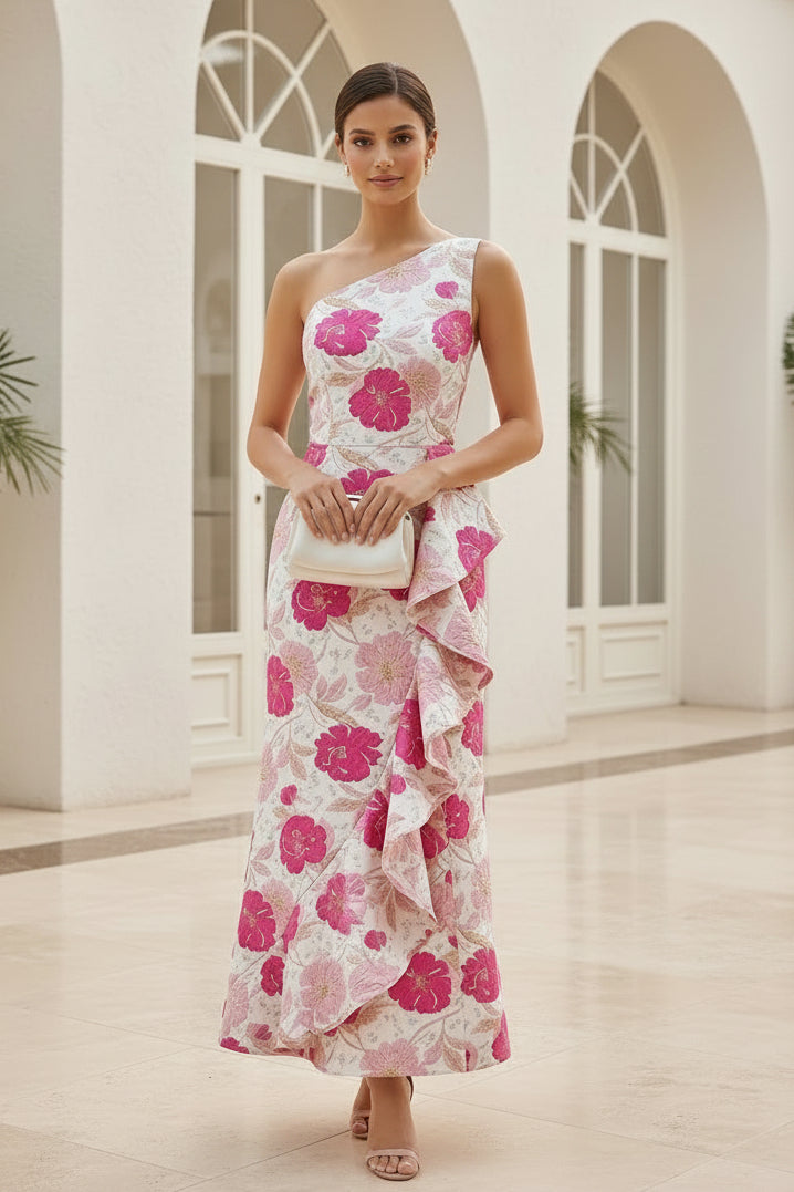 Florales Jacquard-Maxikleid mit One-Shoulder-Träger und Rüschen