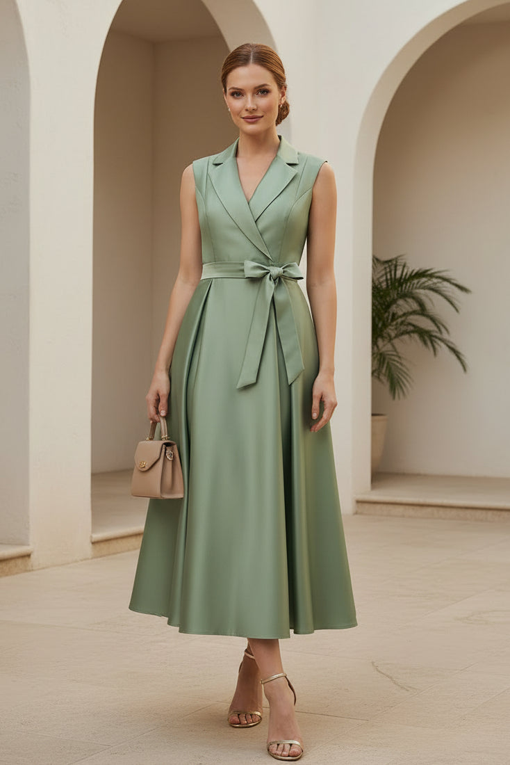 Satin-Wickelkleid Midi mit Reverskragen und Schleifengürtel