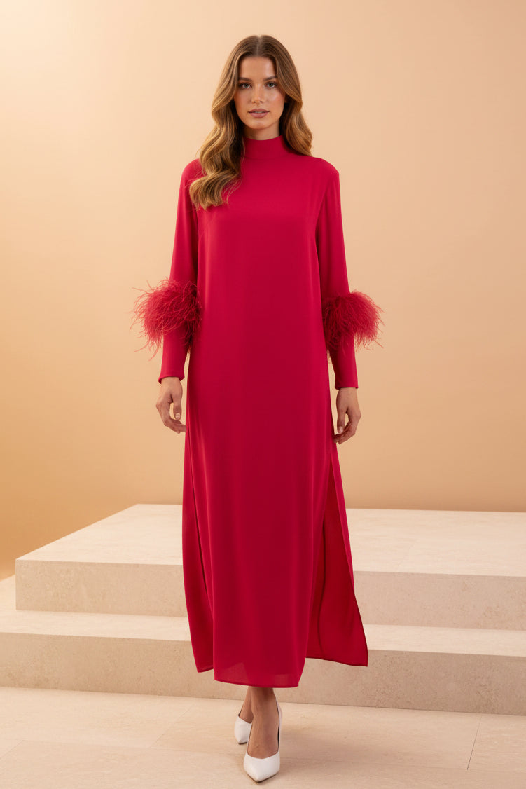 Midi-Kleid mit hohem Kragen und Ärmeln mit Federbesatz