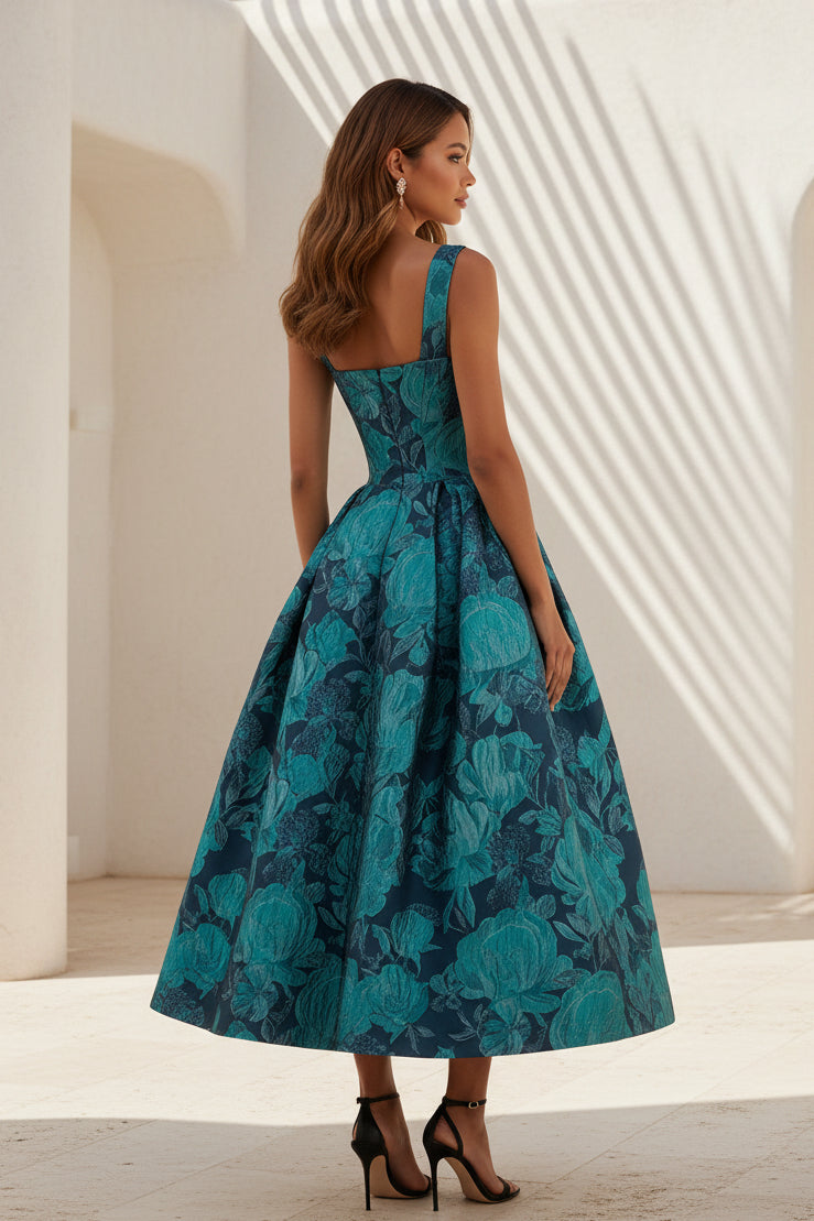 Geblümtes Jacquard Ballkleid in Tee-Länge