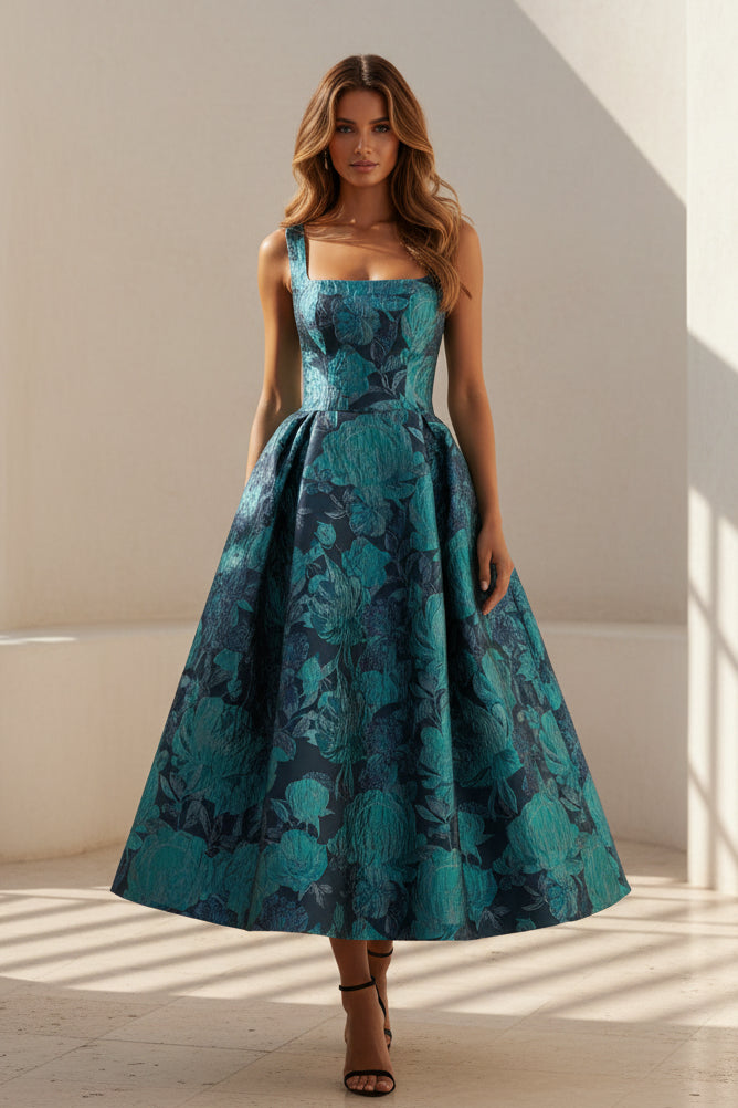 Geblümtes Jacquard Ballkleid in Tee-Länge