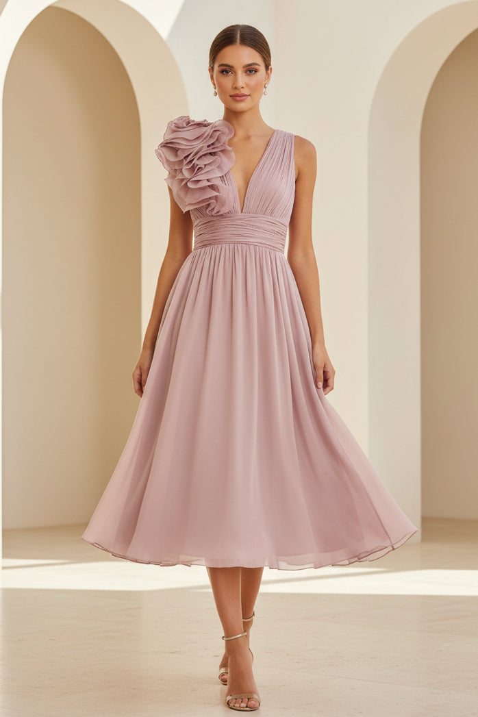 Plissiertes V-Ausschnitt Midi-Kleid mit Rüschen an den Schultern
