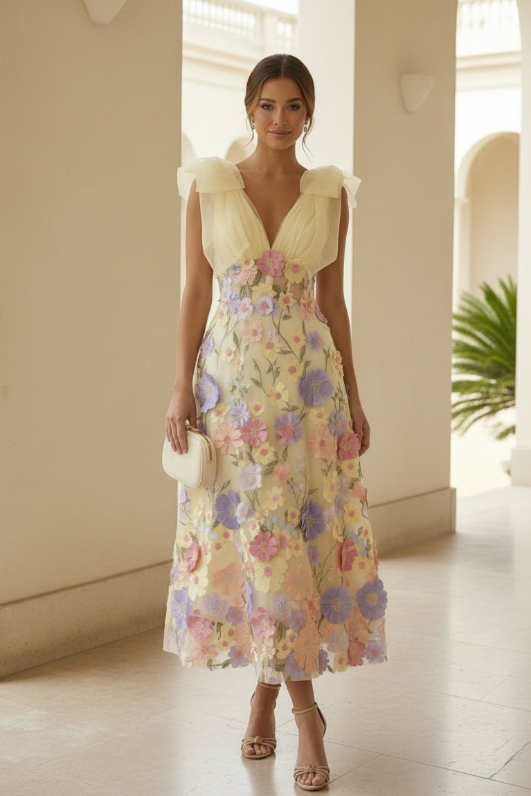 3D-Blumenapplikationen Tüll-Midikleid mit Schleifenschultern