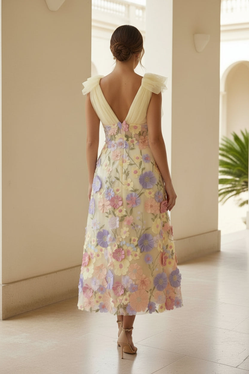 3D-Blumenapplikationen Tüll-Midikleid mit Schleifenschultern