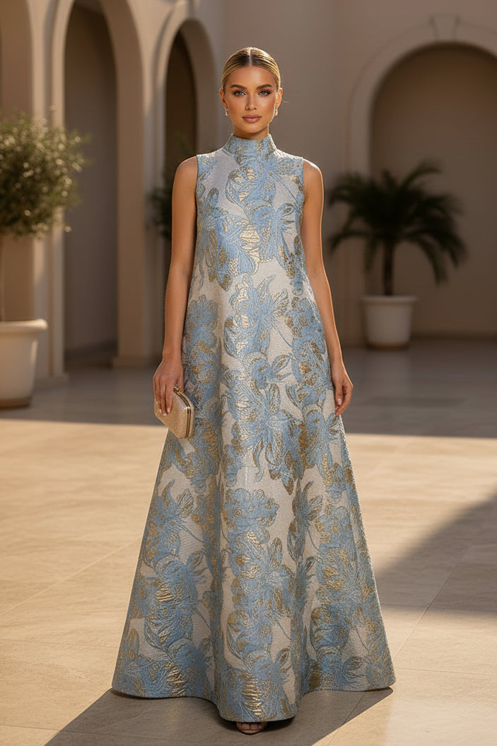 Blumen-Jacquard-Abendkleid mit hohem Halsausschnitt in A-Linie