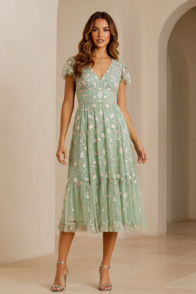 Besticktes geblümtes Tüll-Midi-A-Linien-Kleid