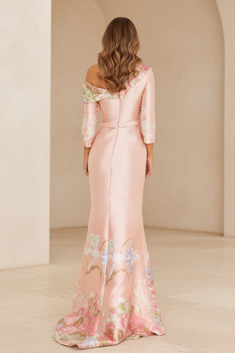 Asymmetrische schulterfreie Meerjungfrauenrobe mit Blumenmuster