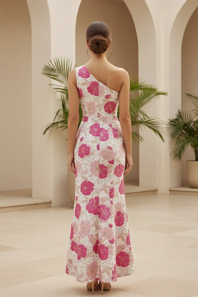 Florales Jacquard-Maxikleid mit One-Shoulder-Träger und Rüschen