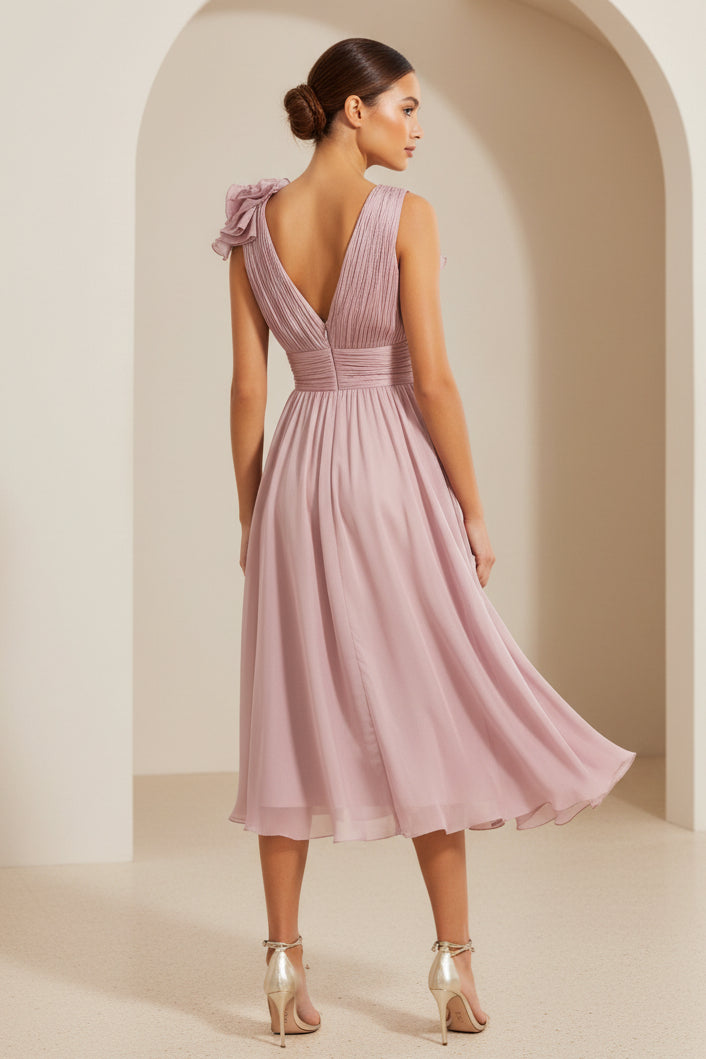 Plissiertes V-Ausschnitt Midi-Kleid mit Rüschen an den Schultern