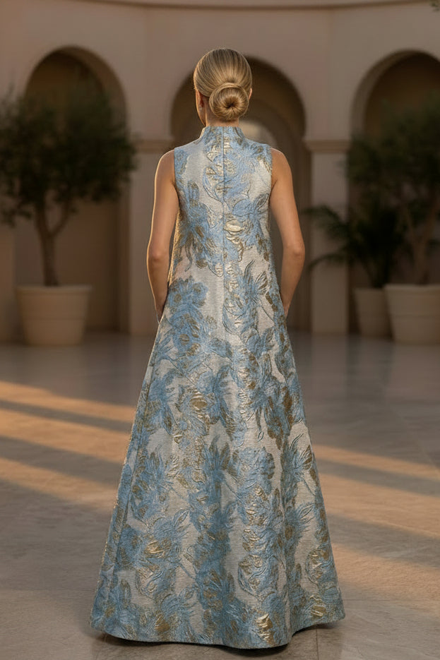 Blumen-Jacquard-Abendkleid mit hohem Halsausschnitt in A-Linie