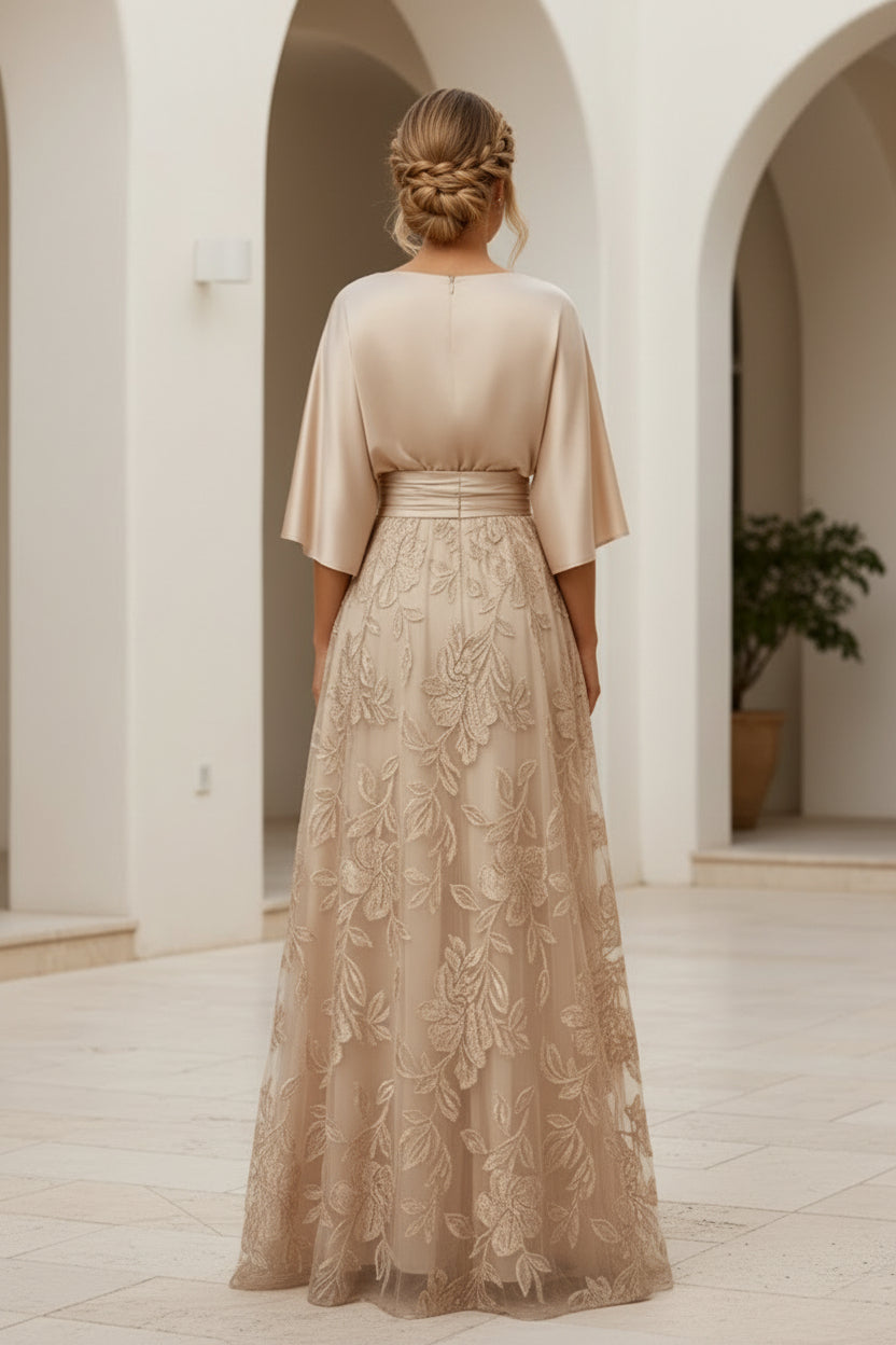Satin- & Spitzen-A-Linien-Kleid mit Blumenrock & Gürtel