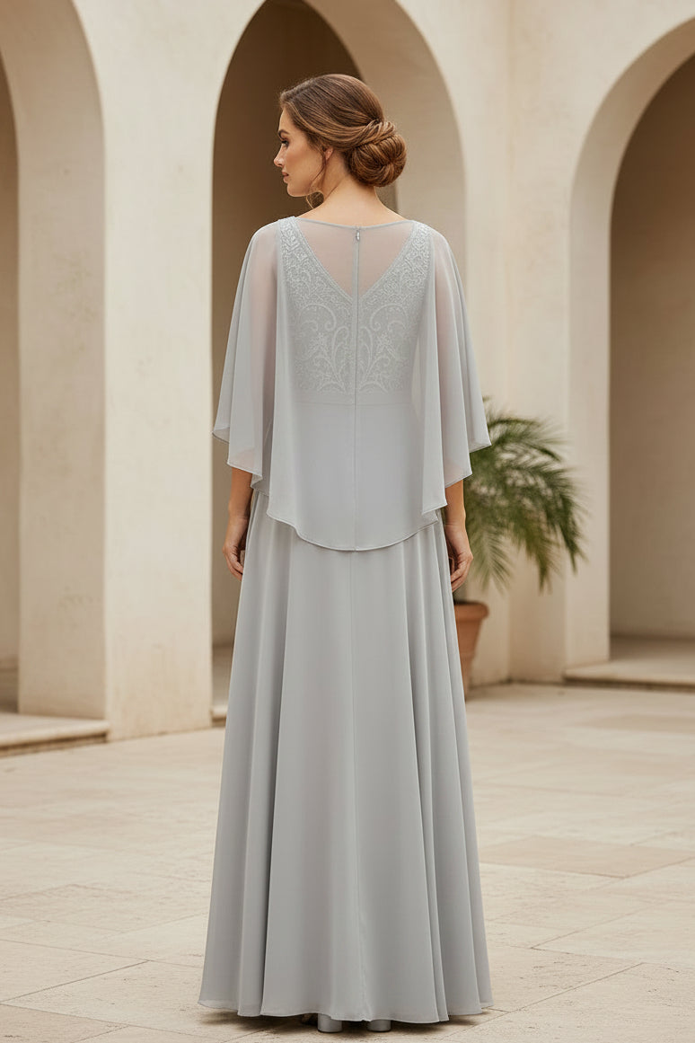 Abendkleid aus Chiffon mit Cape-Ärmeln, Spitzenmieder und A-Linie