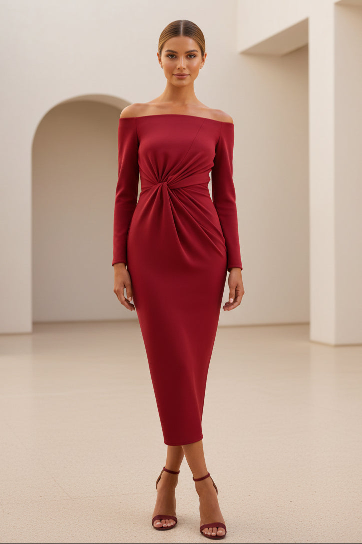 Schulterfreies Midi-Kleid mit Twist-Front und langen Ärmeln