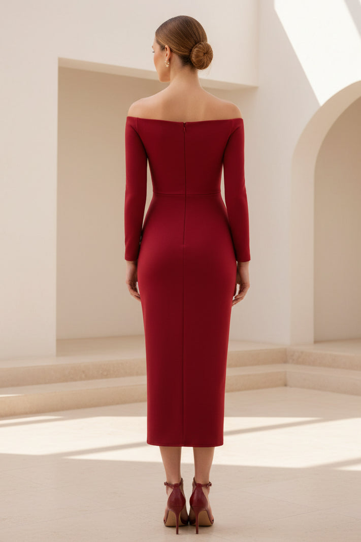 Schulterfreies Midi-Kleid mit Twist-Front und langen Ärmeln