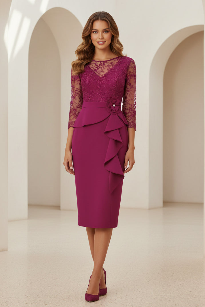 Elegantes Midi-Kleid mit Illusionsspitze und Schößchen