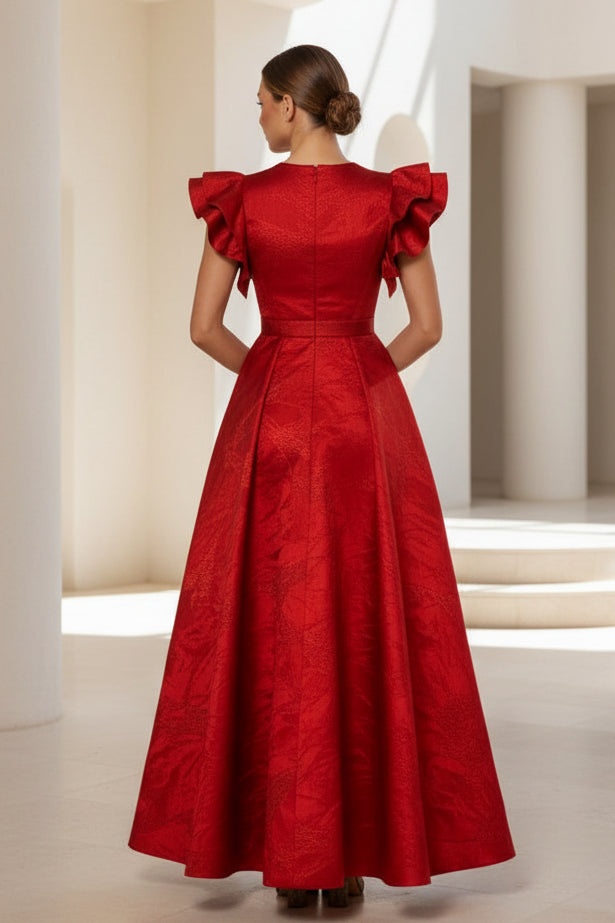 Jacquard-Abendkleid in A-Linie mit Rüschenärmeln