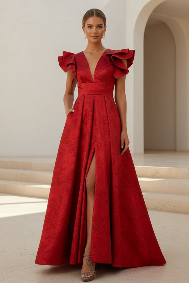 Jacquard-Abendkleid in A-Linie mit Rüschenärmeln
