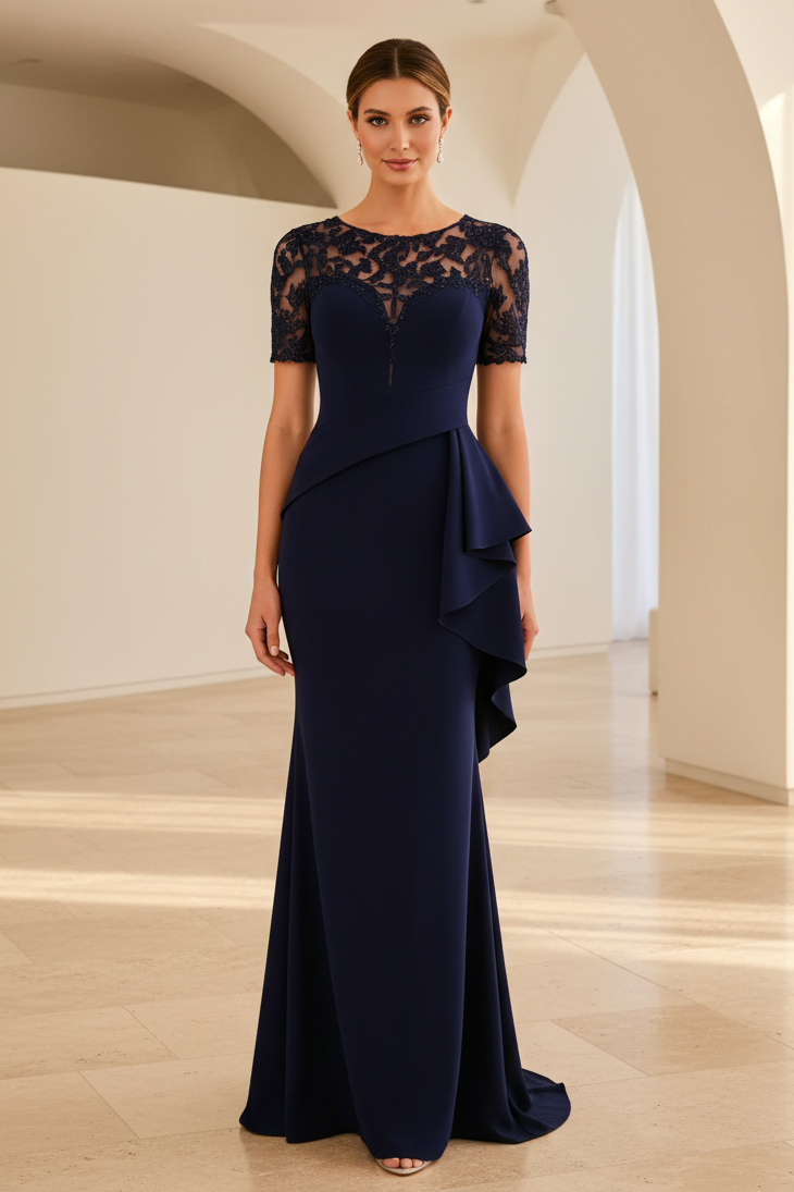 Abendkleid im Meerjungfrauen-Stil aus Illusion-Spitze mit seitlicher Rüsche