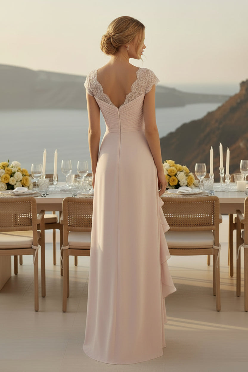 A-Linien Chiffon-Abendkleid mit Spitzen-Flügelärmeln