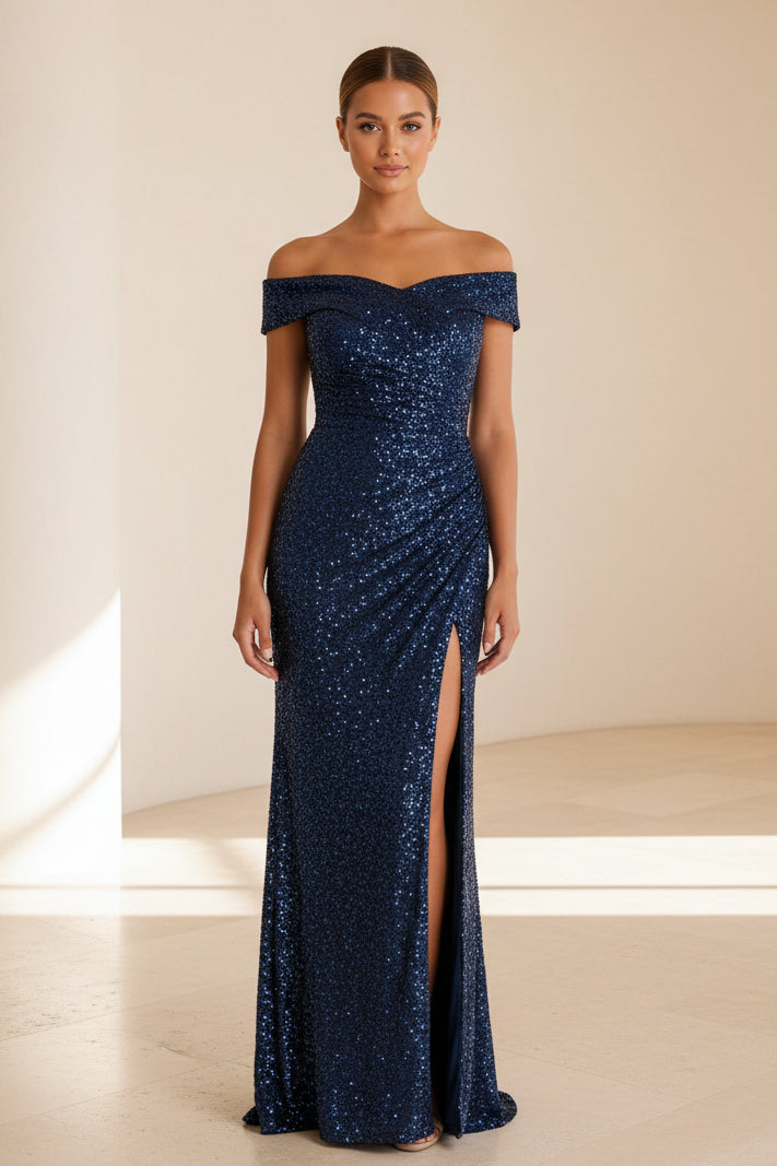 Ärmelloses, gerafftes Pailletten-Abendkleid