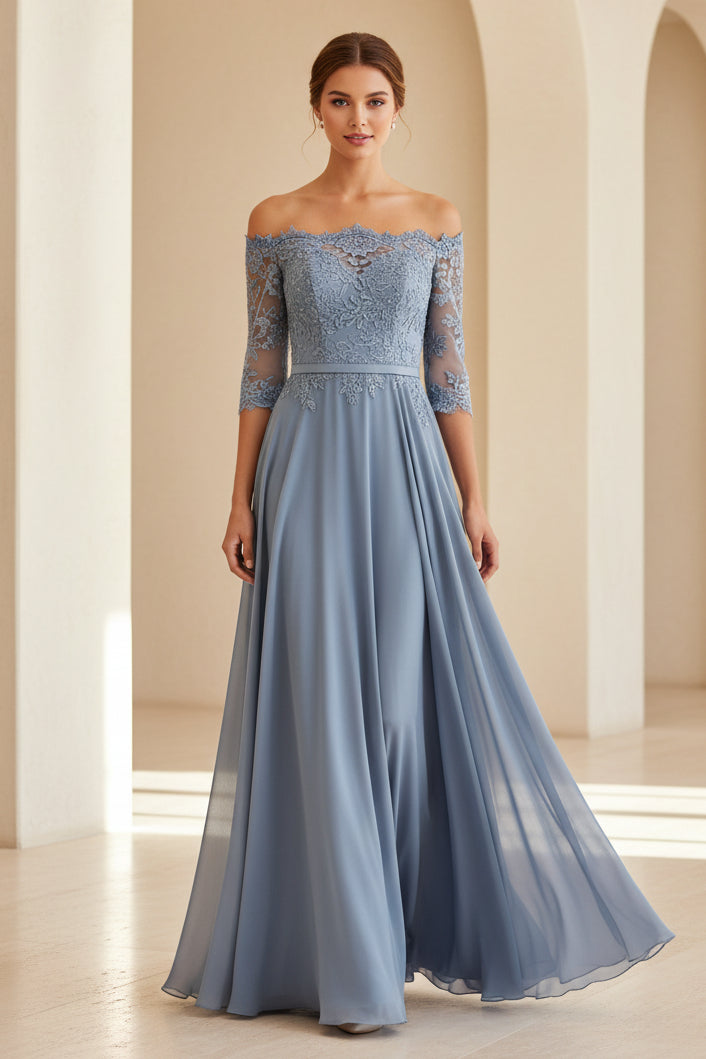Schulterfreies Abendkleid aus Spitze und Chiffon