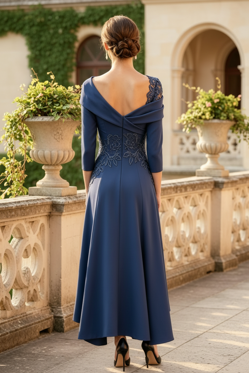 Asymmetrisches schulterfreies A-Linien-Kleid mit 3/4-Ärmeln