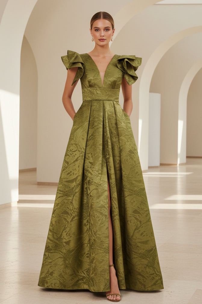 Jacquard-Abendkleid in A-Linie mit Rüschenärmeln