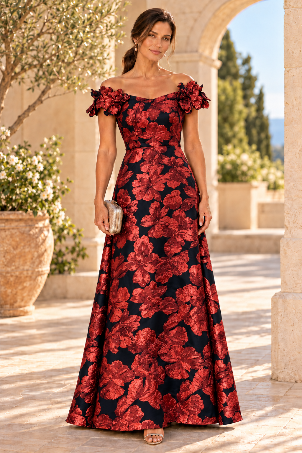 Floral Jacquard Off-Shoulder Gown with 3D Flowers