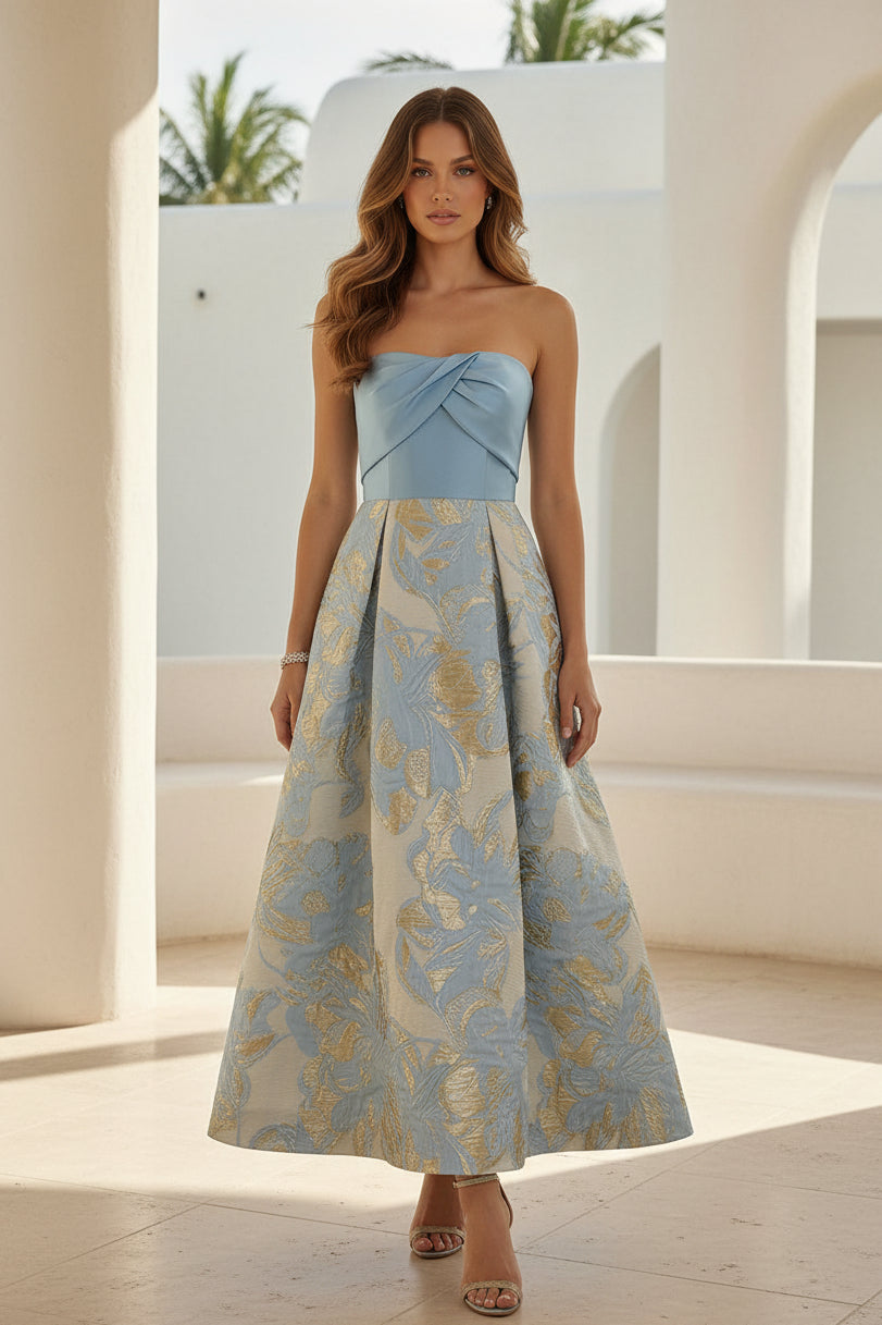 Trägerloses Jacquard-A-Linien-Abendkleid