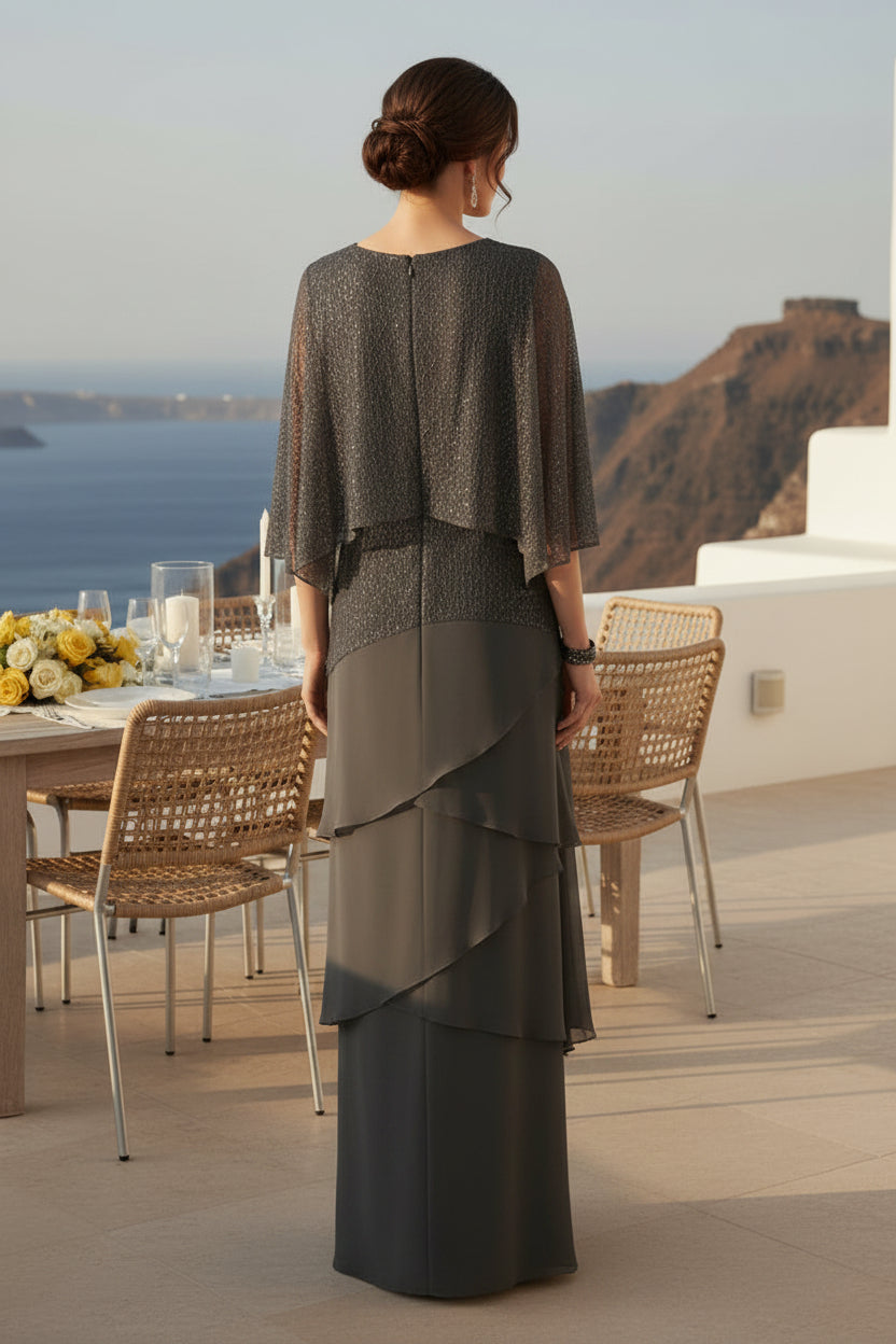 Gestuftes Chiffon-Maxikleid mit Spitzenjacke