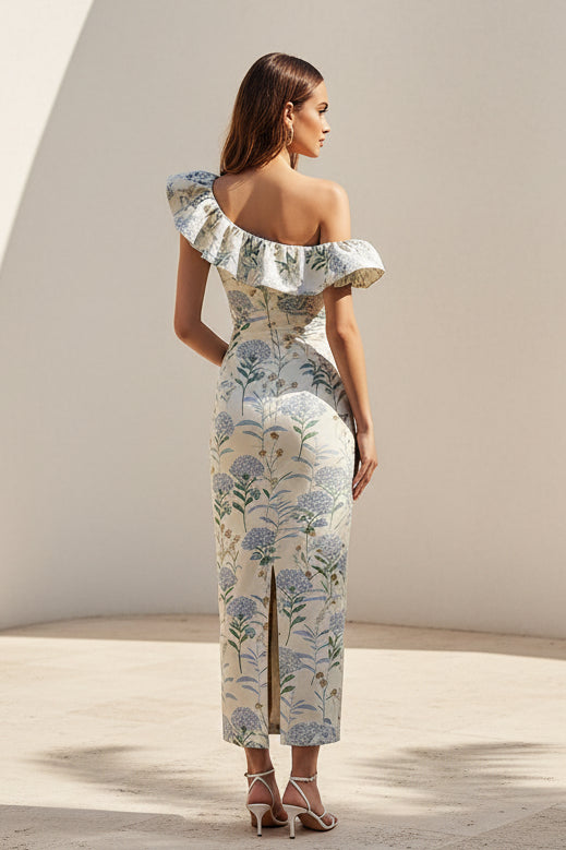 Geblümtes One-Shoulder-Midi-Kleid mit Rüschen