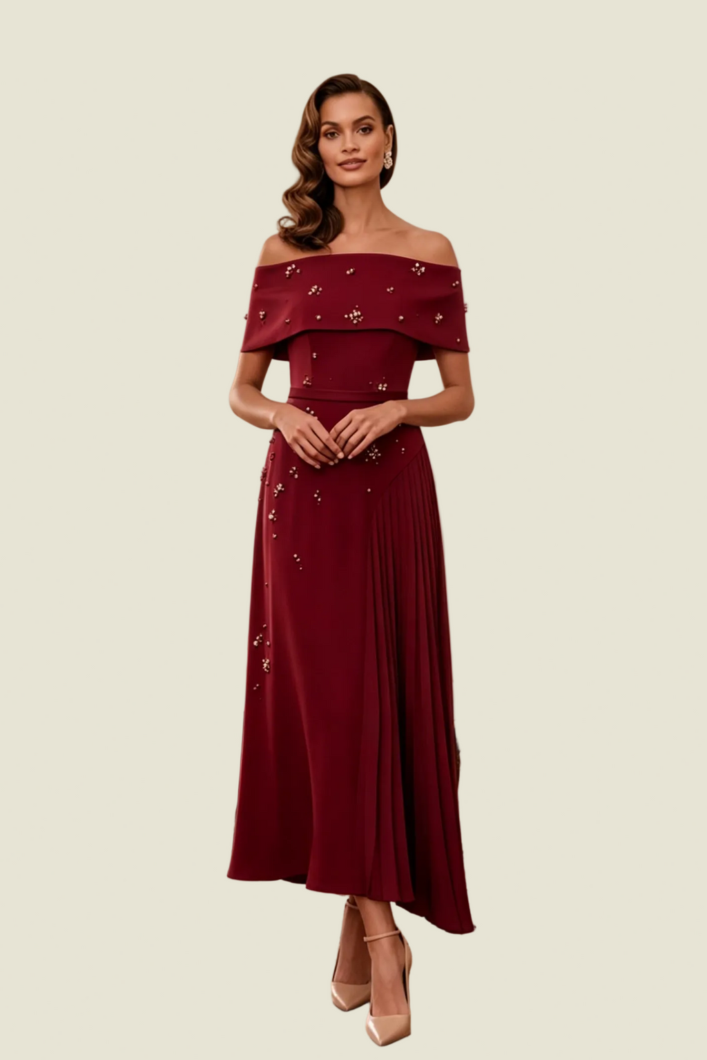 Ärmelloses, perlenverziertes Plisseekleid in Midilänge