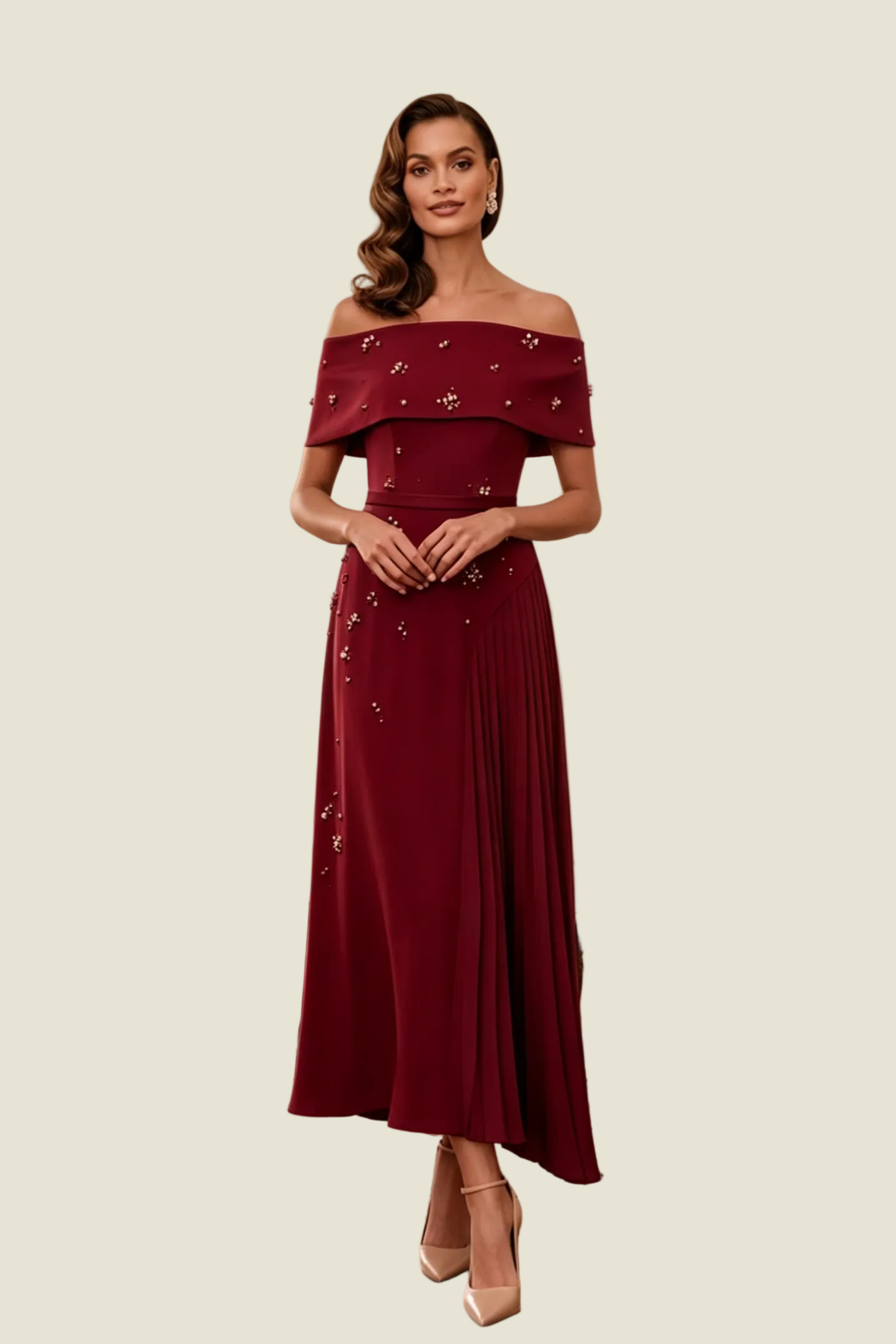 Ärmelloses, perlenverziertes Plisseekleid in Midilänge