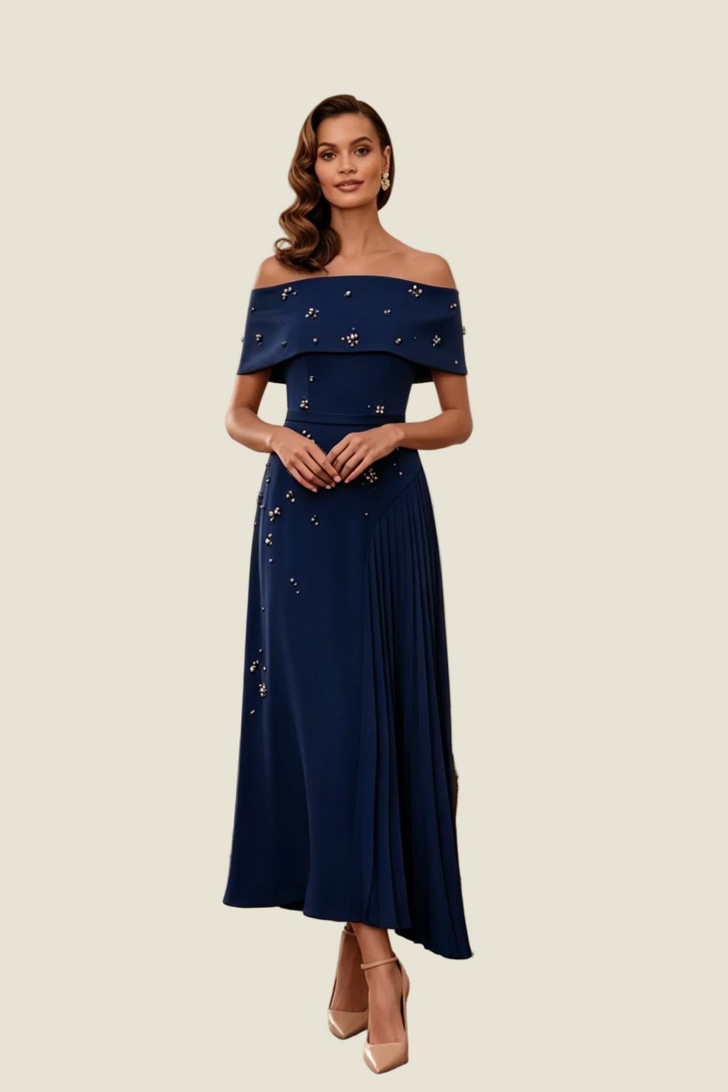 Ärmelloses, perlenverziertes Plisseekleid in Midilänge