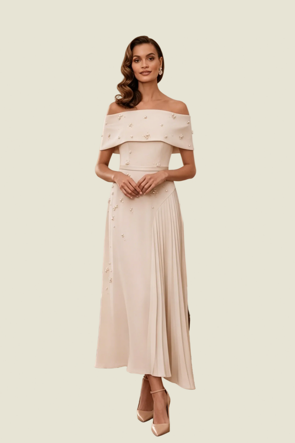 Ärmelloses, perlenverziertes Plisseekleid in Midilänge