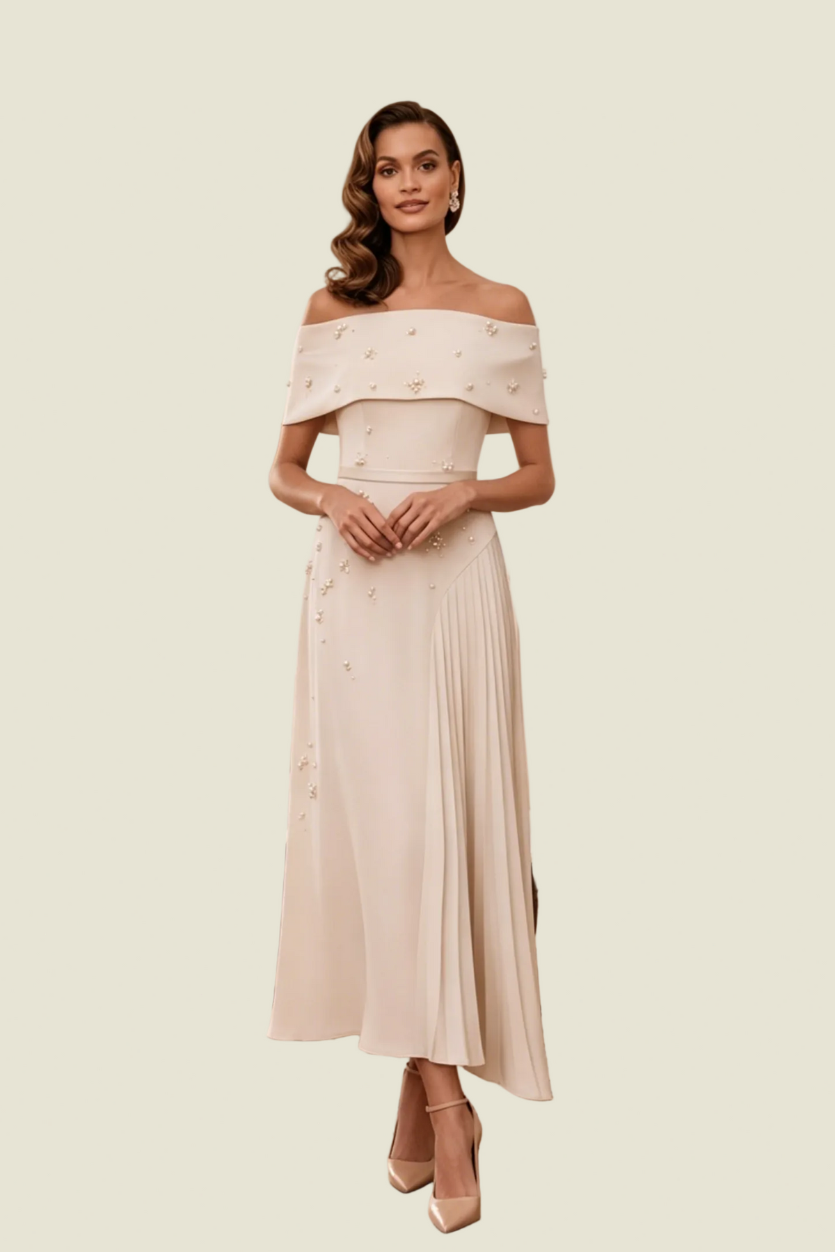 Ärmelloses, perlenverziertes Plisseekleid in Midilänge