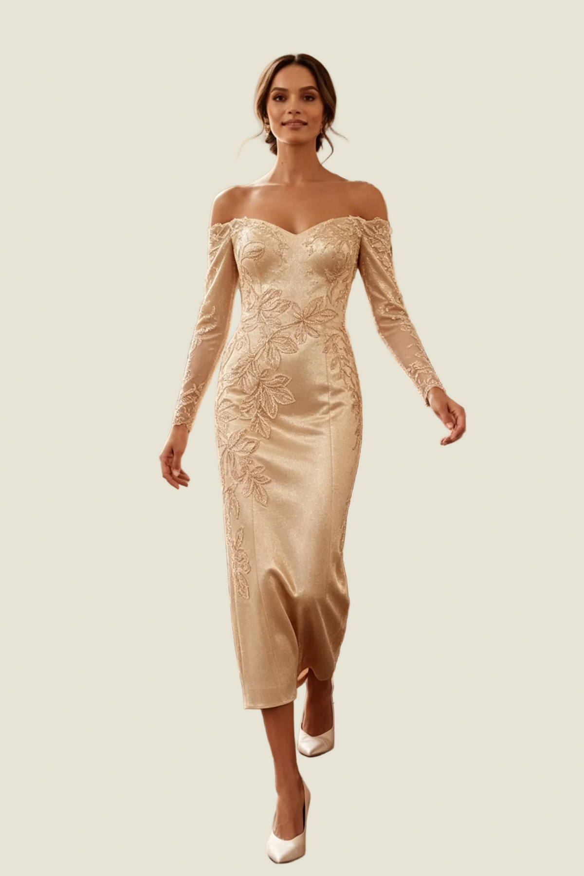 Schulterfreies, teelanges Kleid mit floraler Applikation