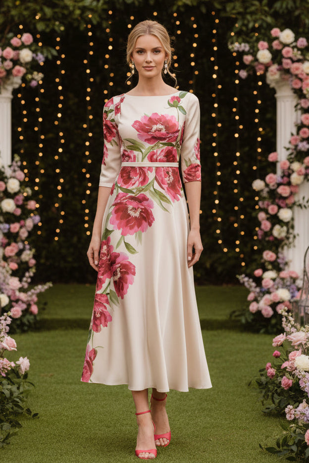 Asymmetrisches Satin-Kleid mit Blumenmuster und U-Boot-Ausschnitt