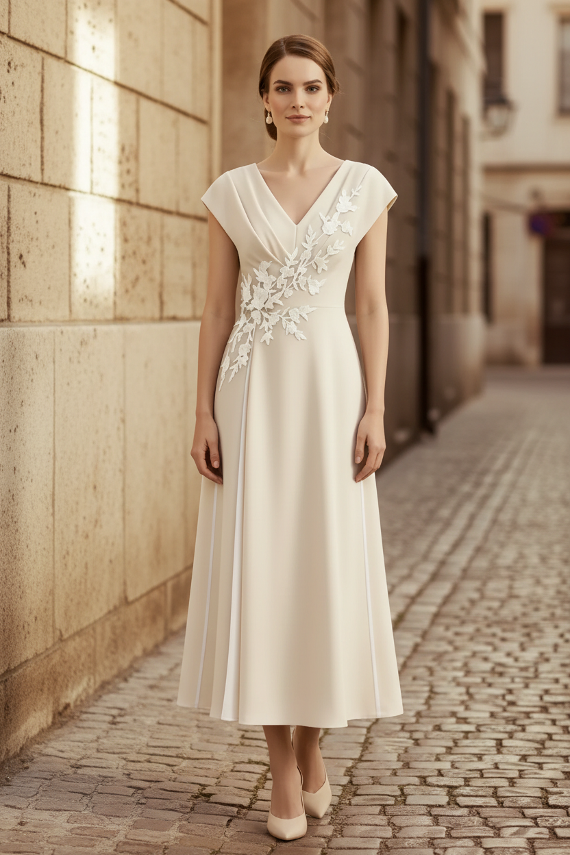 Midi-Kleid mit Flügelärmeln, V-Ausschnitt und Applikationen