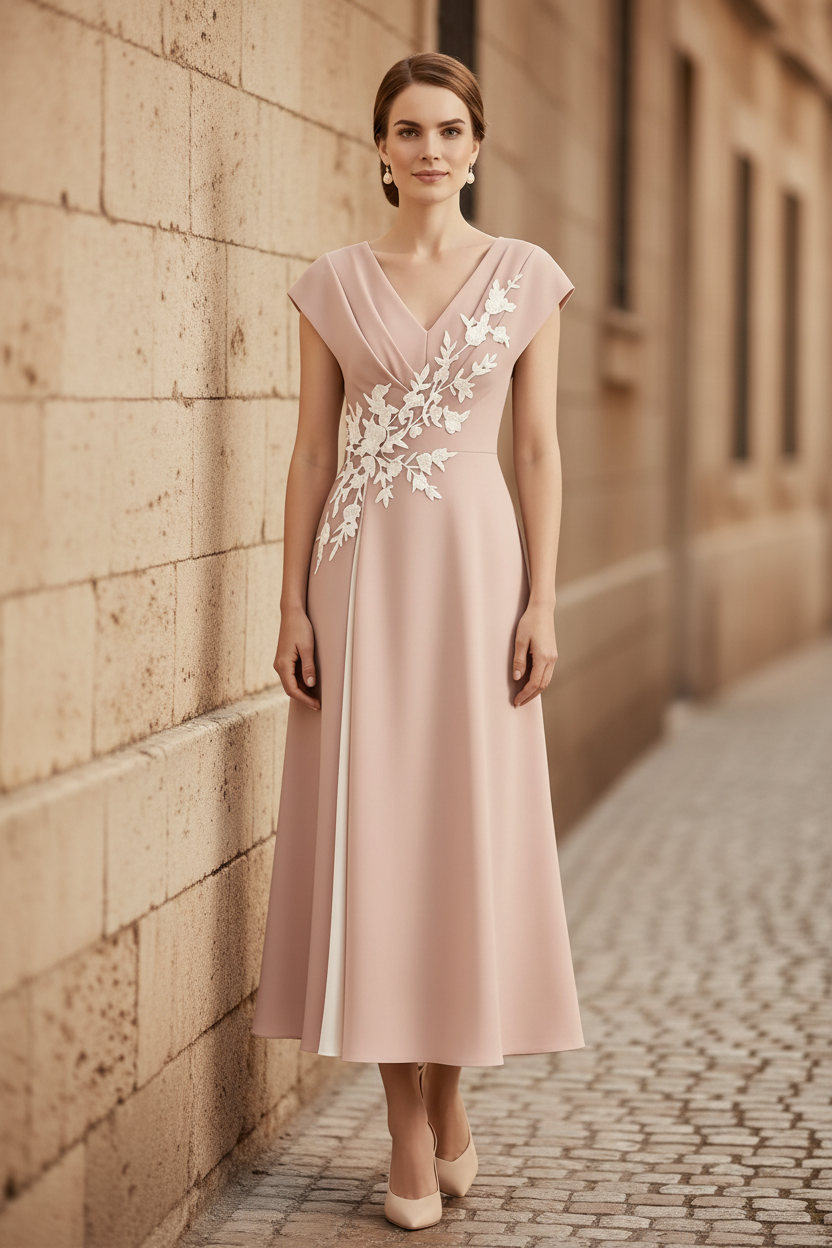 Midi-Kleid mit Flügelärmeln, V-Ausschnitt und Applikationen