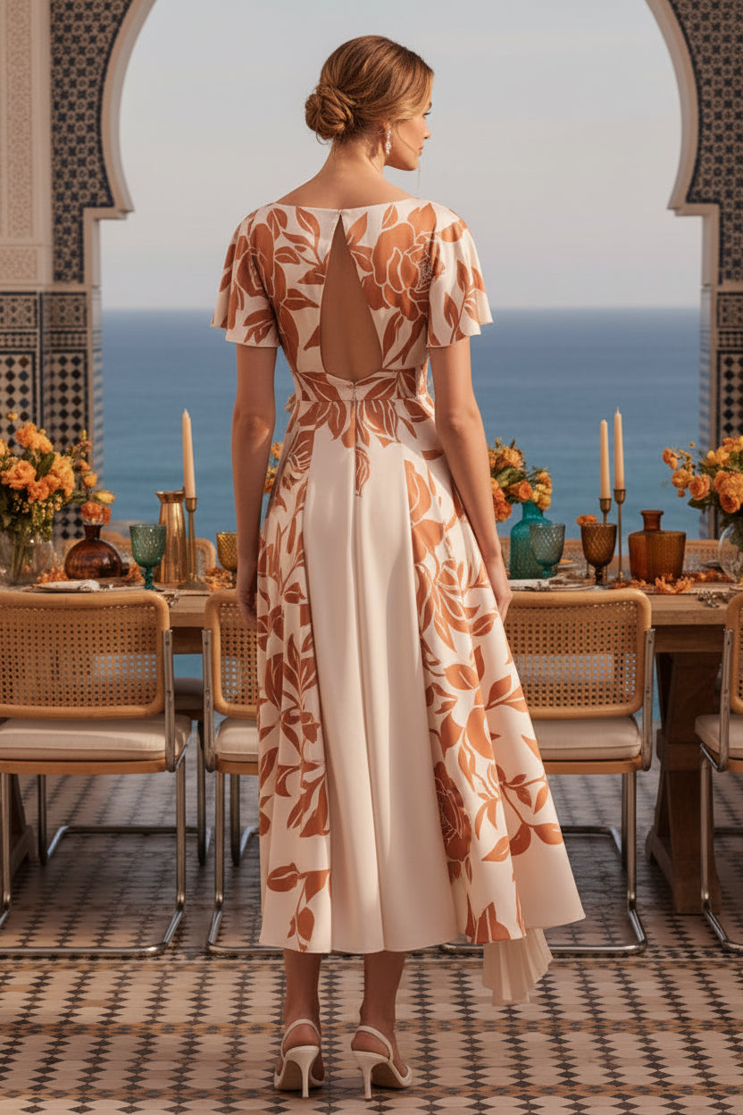 Geblümtes, asymmetrisches Midikleid mit Bateau-Ausschnitt