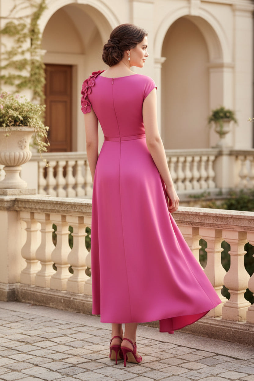 Asymmetrisches Satin-Midi-A-Linien-Kleid mit 3D-Blumen