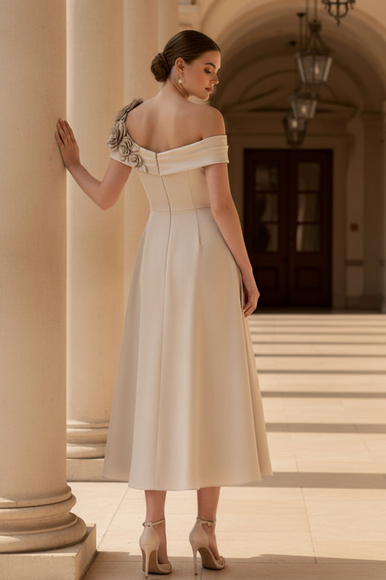 Elegantes One-Shoulder A-Linien Midikleid mit 3D-Blumen