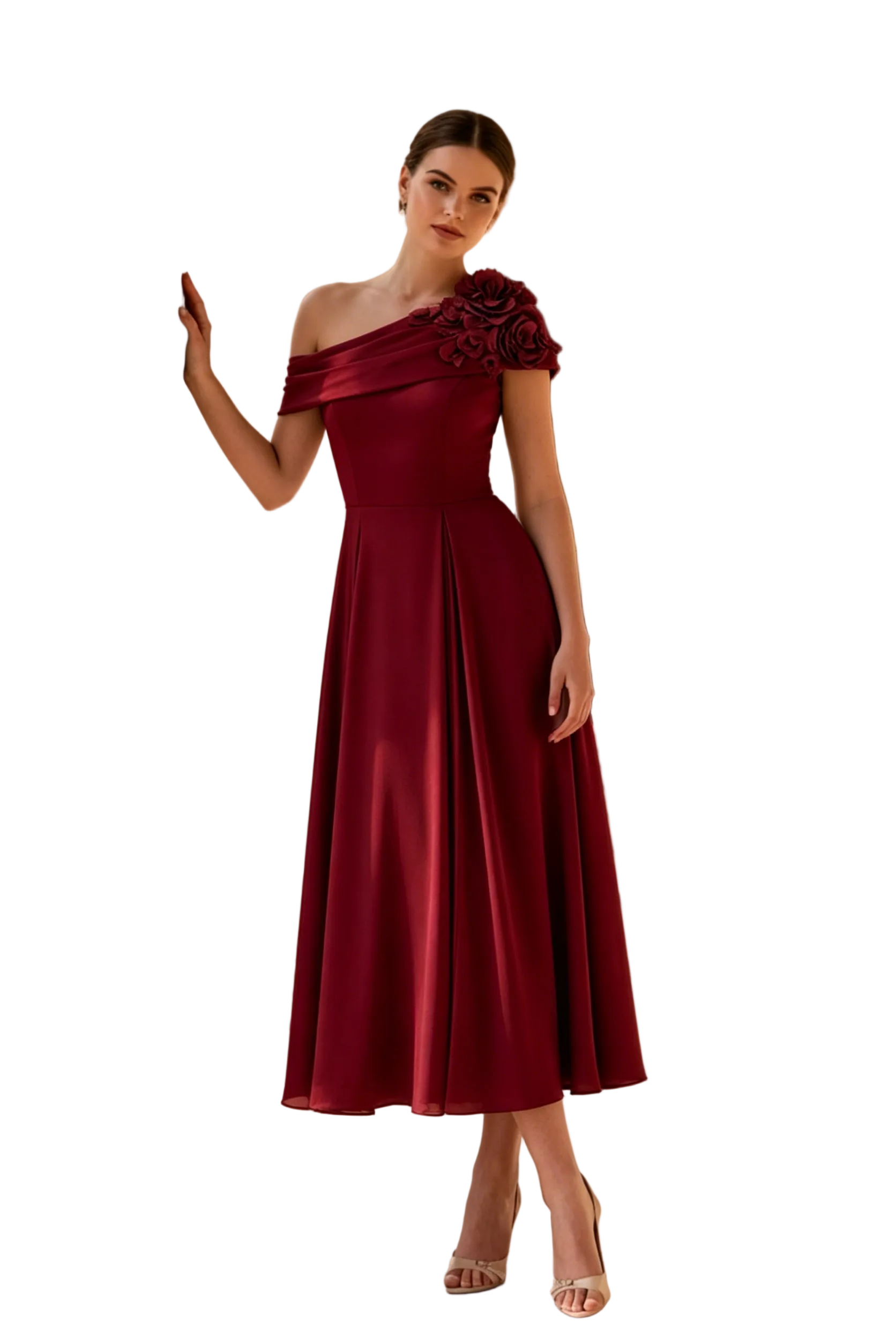 Elegantes One-Shoulder A-Linien Midikleid mit 3D-Blumen
