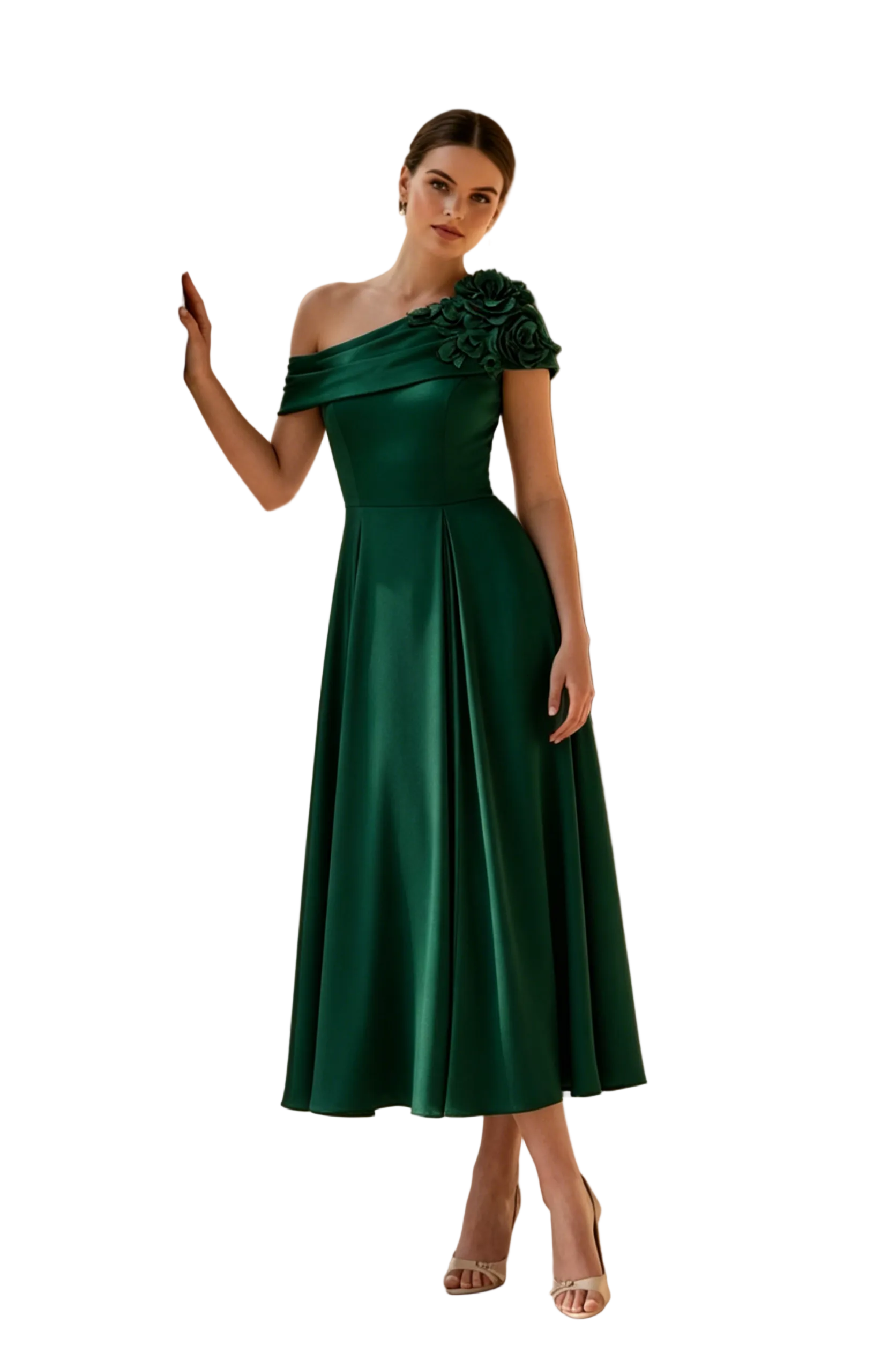 Elegantes One-Shoulder A-Linien Midikleid mit 3D-Blumen
