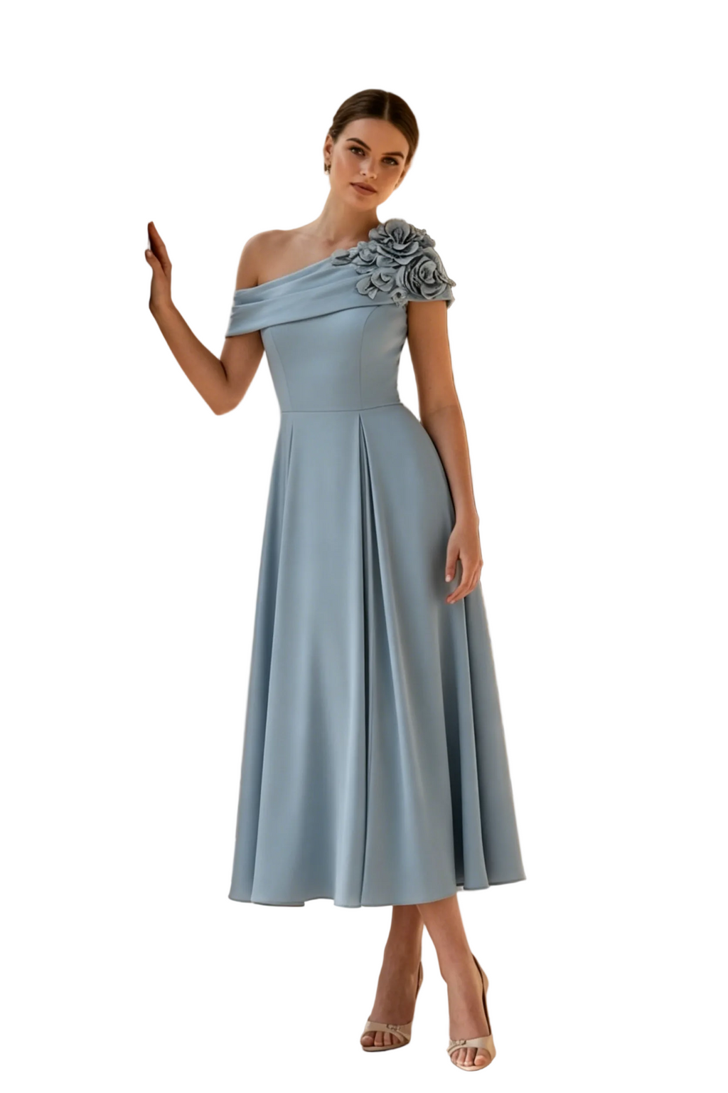 Elegantes One-Shoulder A-Linien Midikleid mit 3D-Blumen