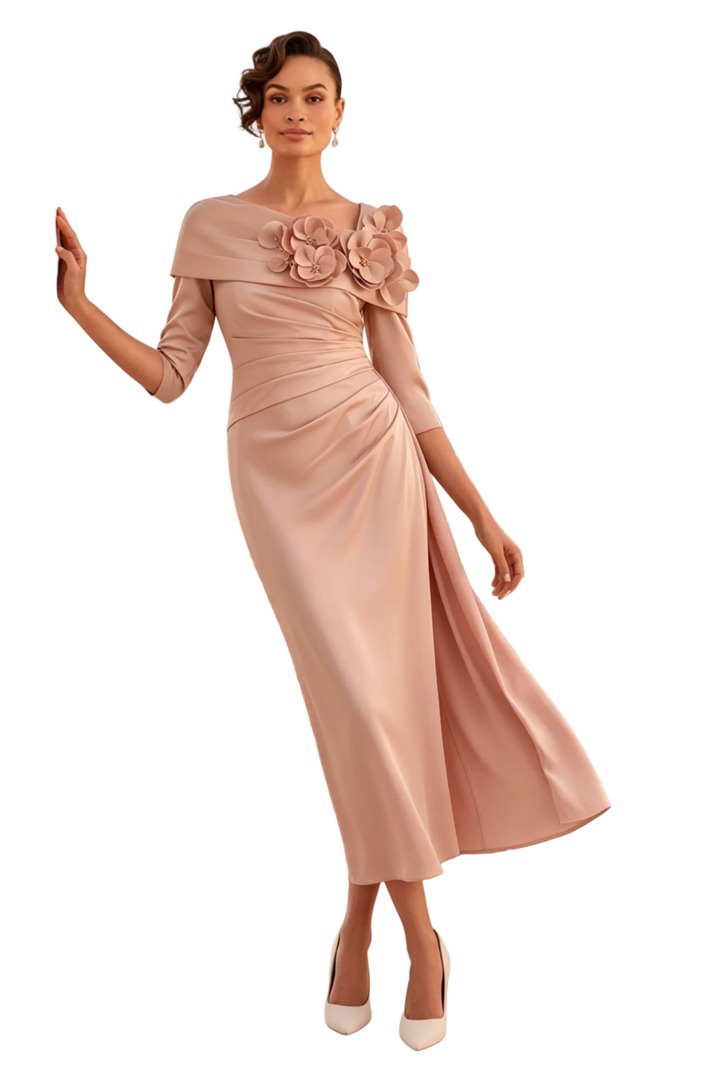 Midi-Kleid mit U-Boot-Ausschnitt, 3/4-Ärmeln und 3D-Blumen