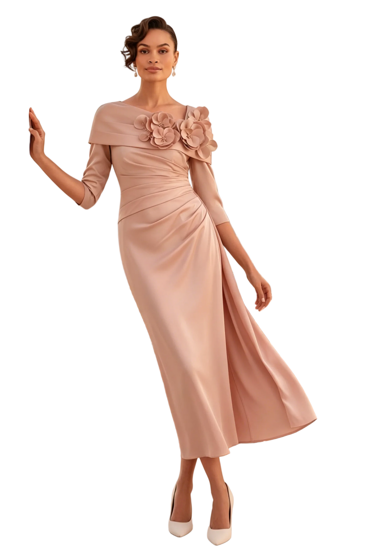 Midi-Kleid mit U-Boot-Ausschnitt, 3/4-Ärmeln und 3D-Blumen
